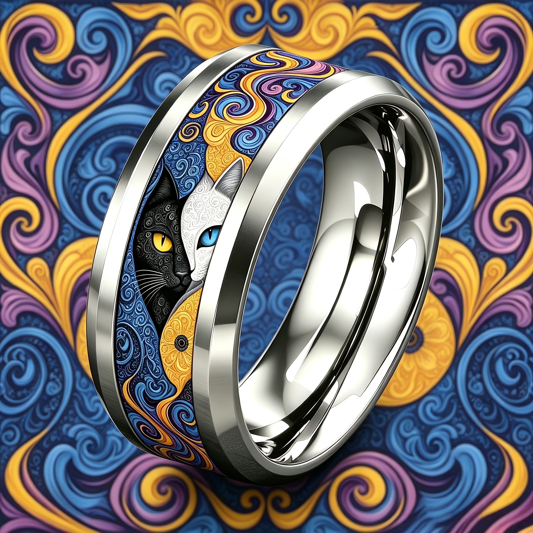 Blue Purple Golden Vortex Yin Yang Stainless Steel Ring